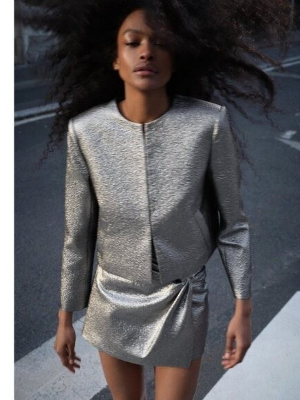 ZARA Cropped Jacket With Lamination Bloggers Fave Silver Festive XS Oversize